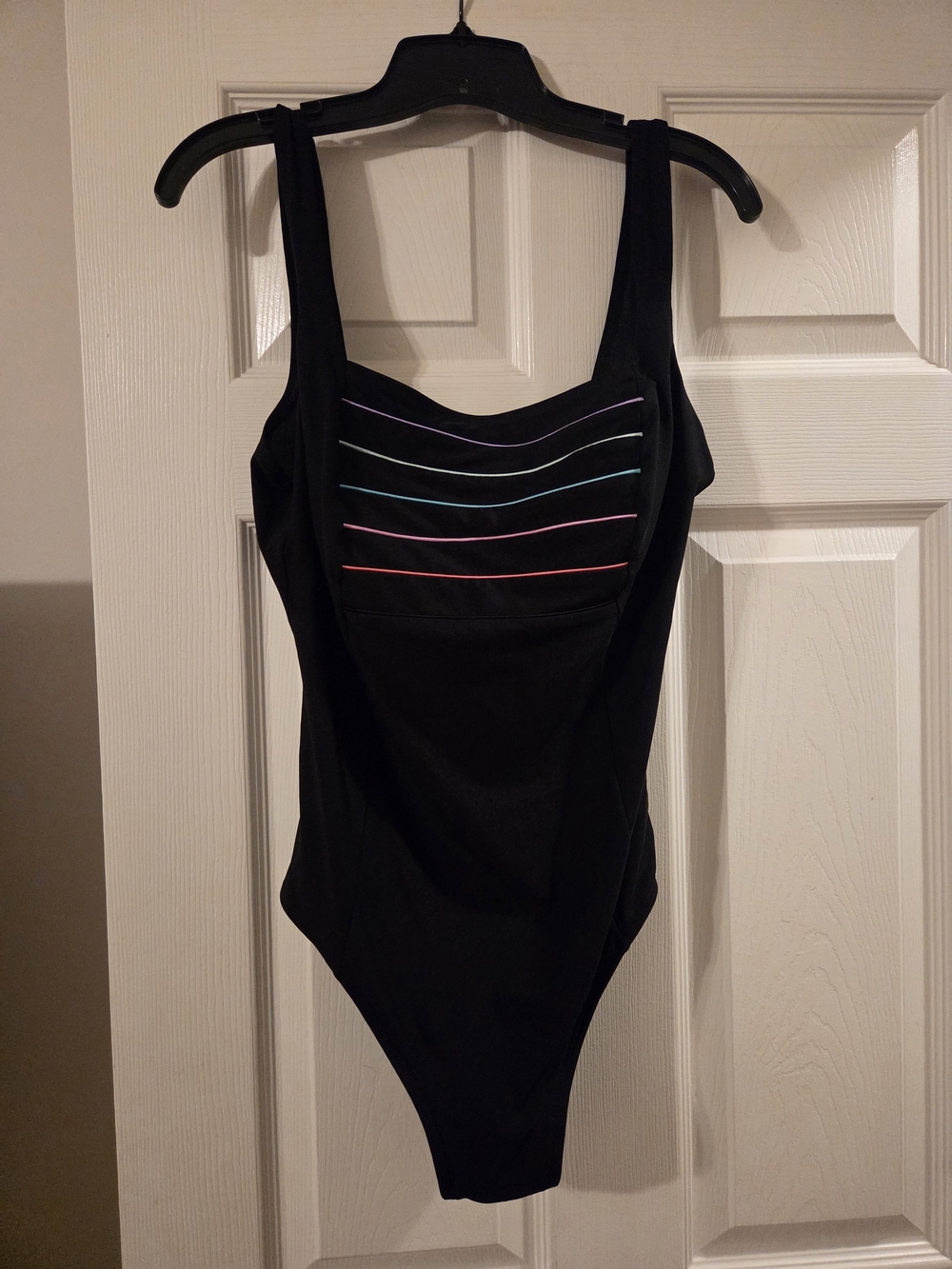 Black One-Piece Swimsuit with Multicolor Stripe Detail